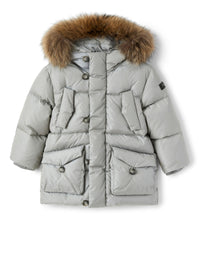 Down jacket with fur and buttons - Grigio Cemento