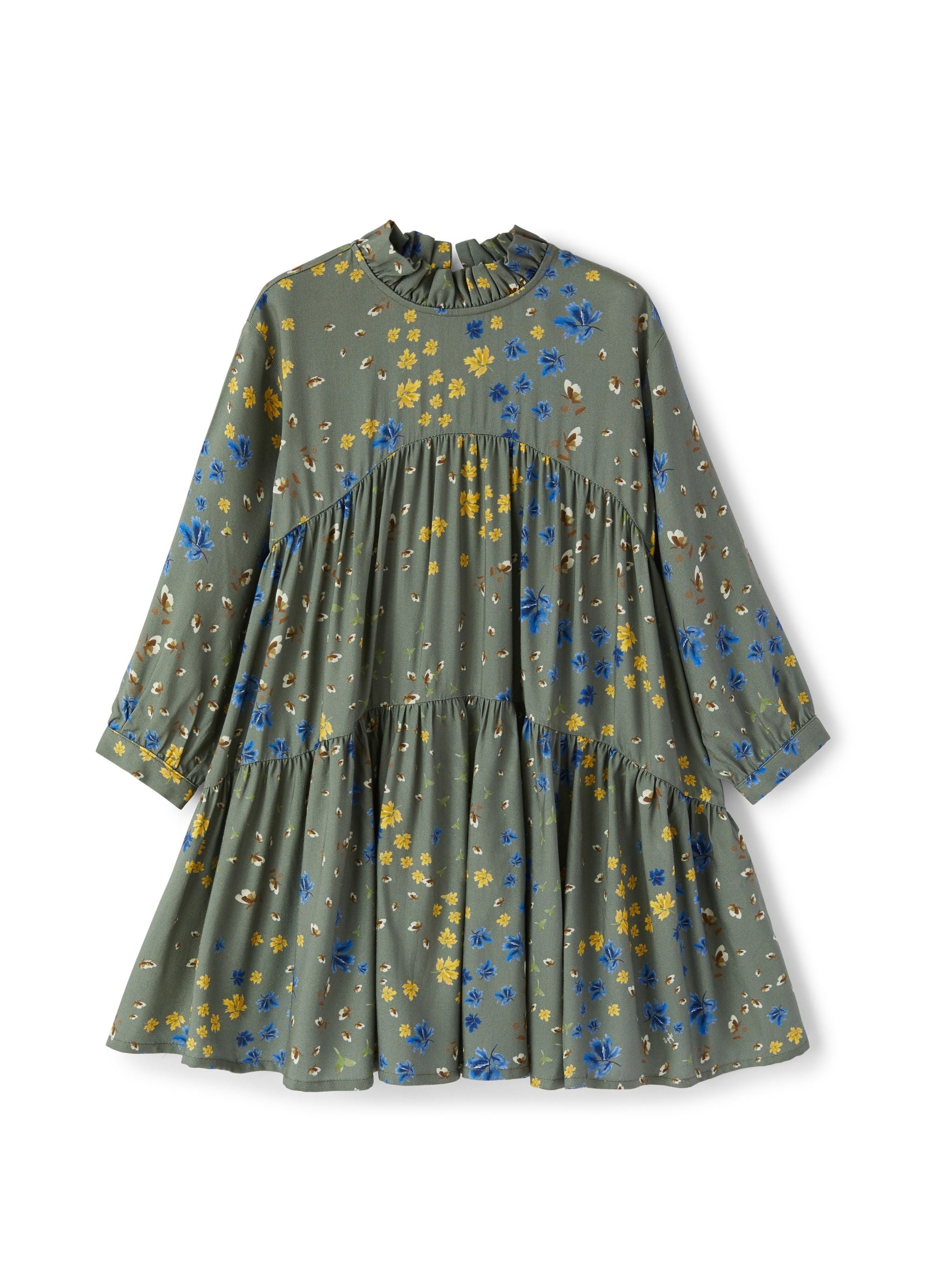 Ruffled dress with floral print - Verde Corteccia