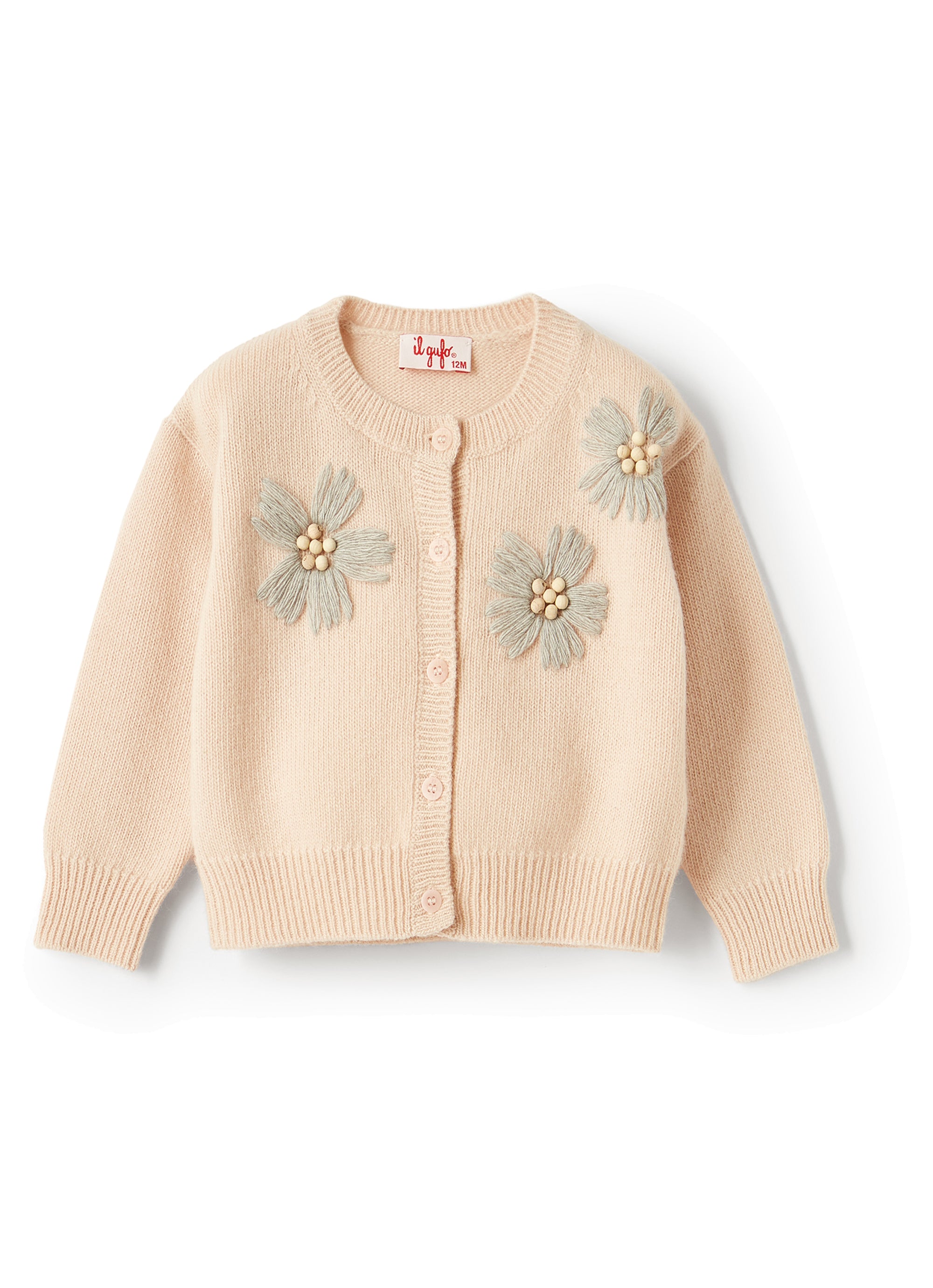 Cardigan with embroidered flowers in wool - Quarzo Rosa & Nube