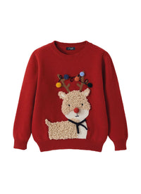 Reindeer jumper with wool pompons - Berry
