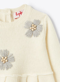 Long-sleeved dress with wool flowers - Latte & Nube