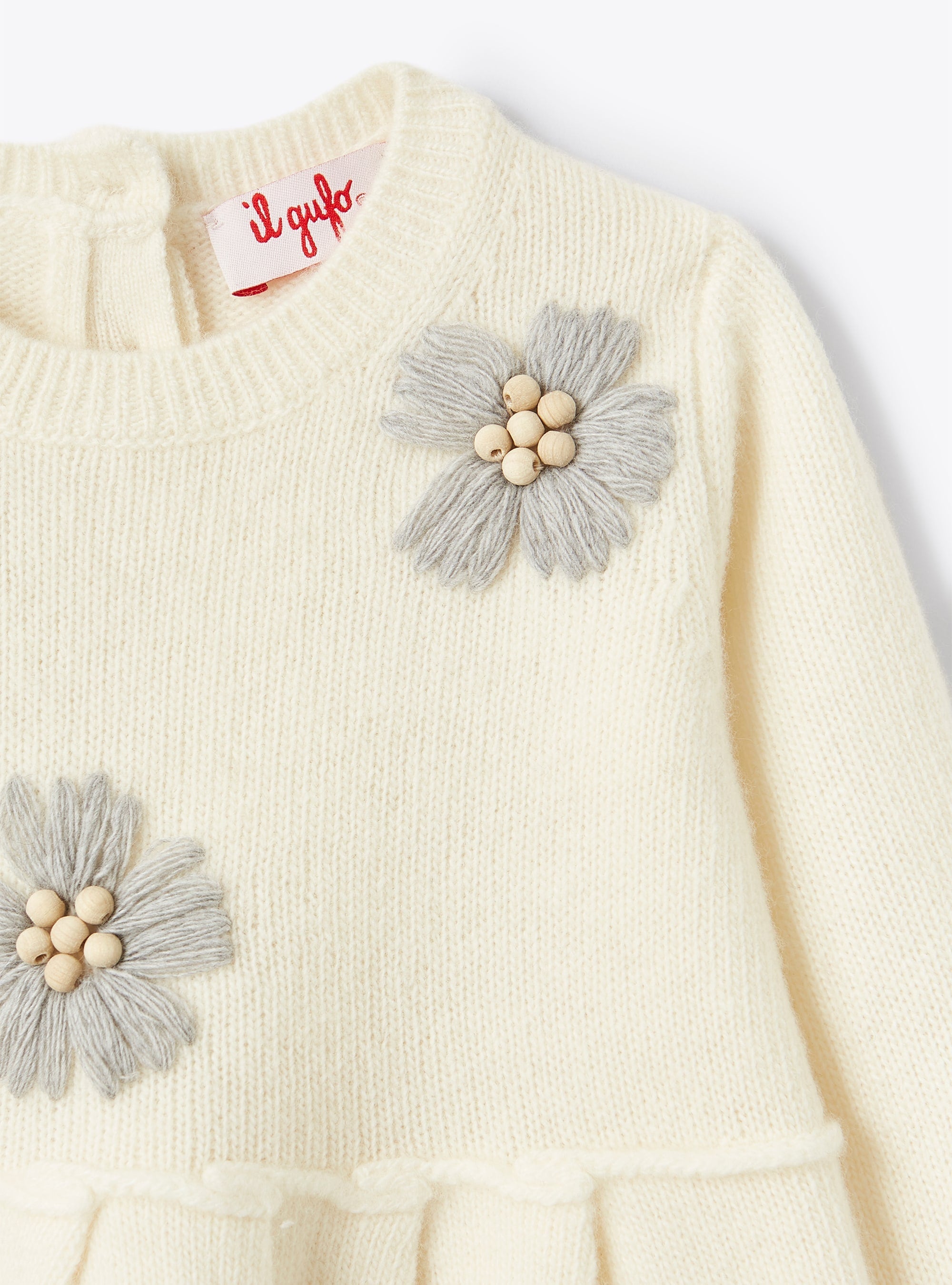 Long-sleeved dress with wool flowers - Latte & Nube