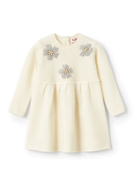 Long-sleeved dress with wool flowers - Latte & Nube