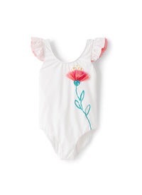 Floral print one-piece swimming costume - White & Strawberry Red