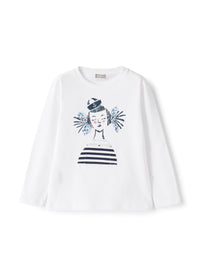 Long-sleeved t-shirt with little girl print - White & Blue