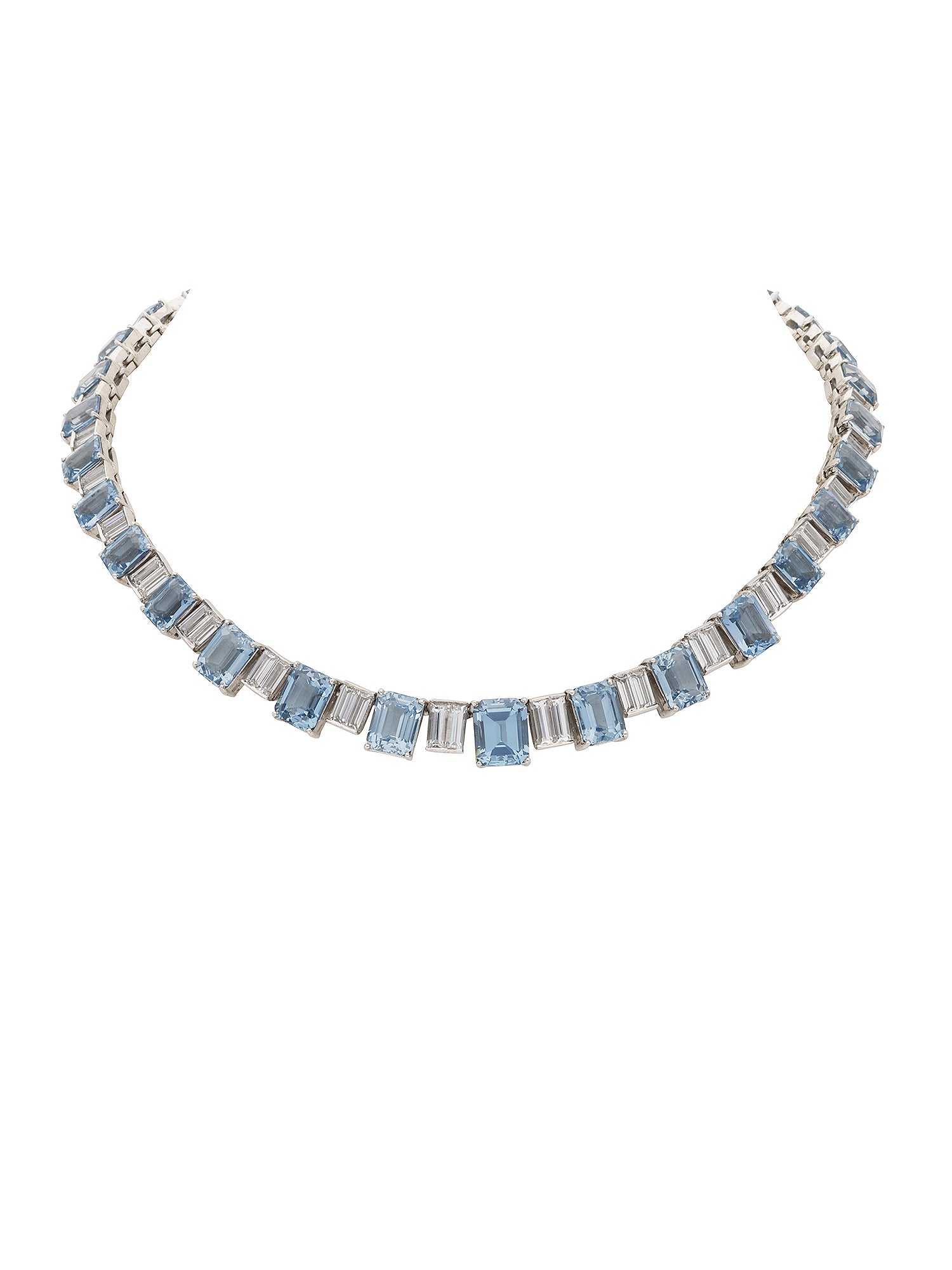 1qty NEW / Argent Rhodié Collier Burmalite taille baguette blanche et taille émeraude Burmalite couleur aigue-marine en argent rhodié // RECO : 2625€