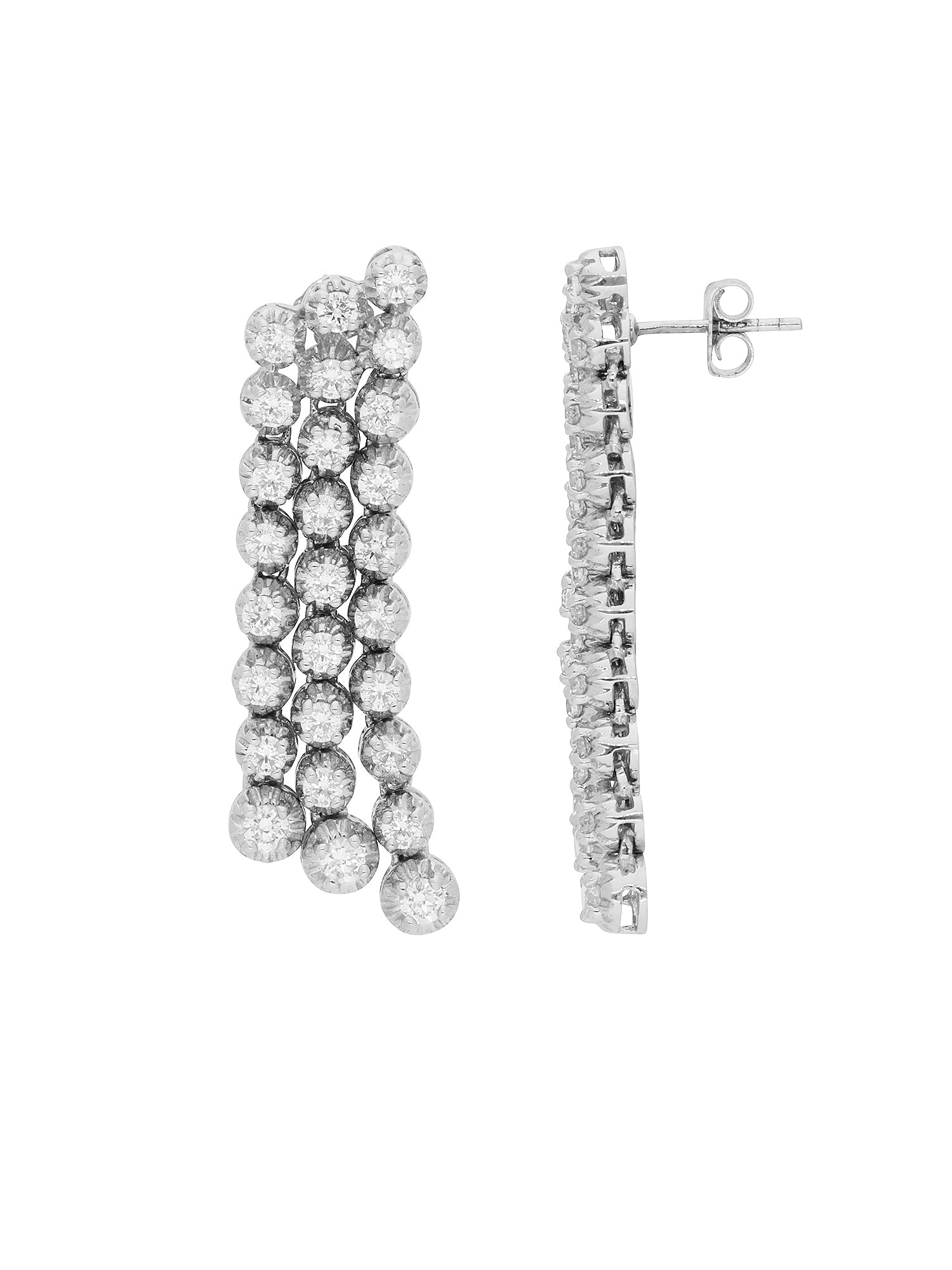 1qty NEW / Or blanc 18 ct Boucles d'oreilles longues trois rangs en or blanc 18 cts serties de Burmalite blanche taille brillant // RECO : 464€