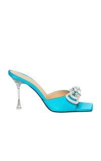 Double Bow 95 silk & rhinestone mules - Ocean Blue