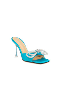 Double Bow 95 silk & rhinestone mules - Ocean Blue
