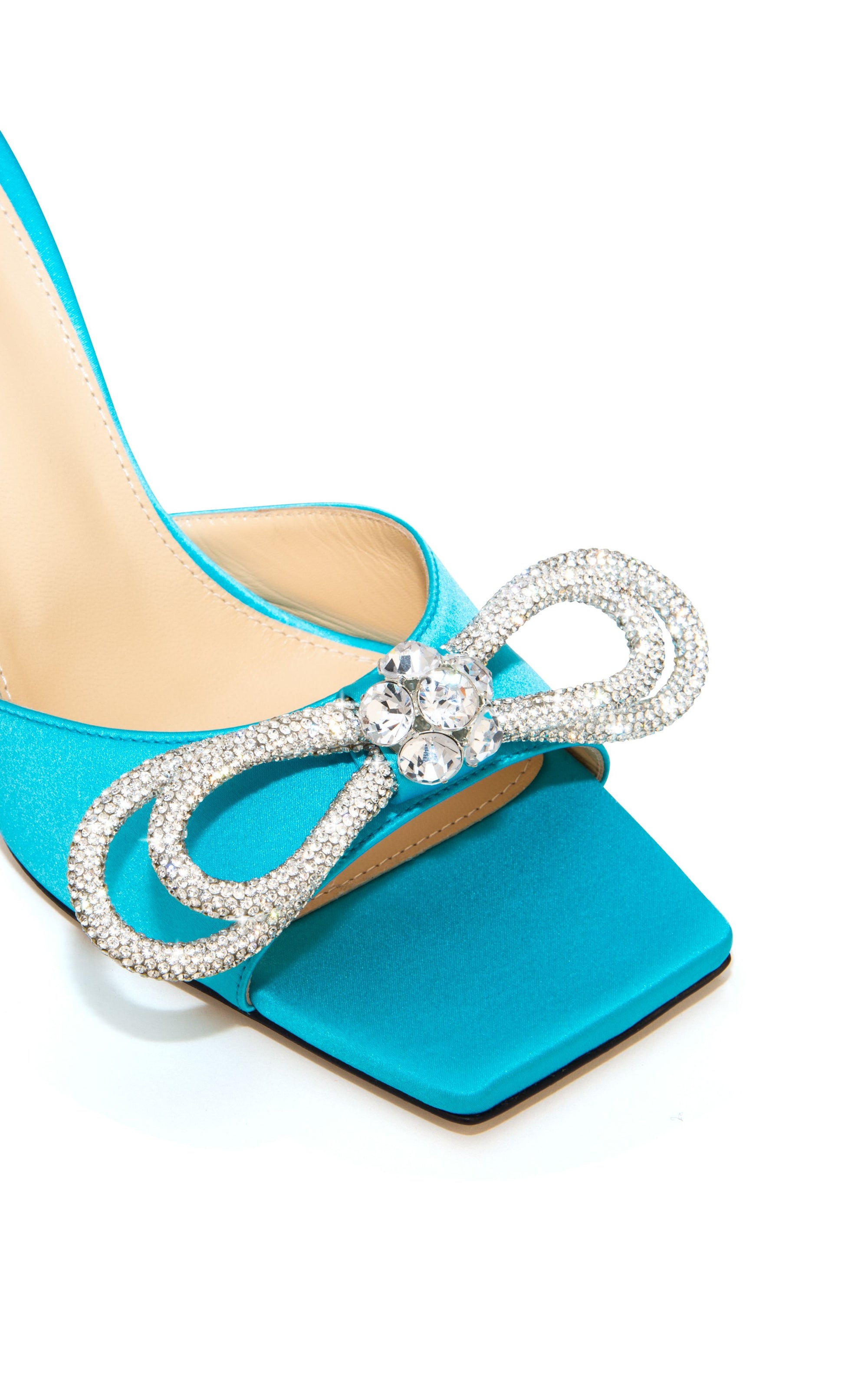 Double Bow 95 silk & rhinestone mules - Ocean Blue