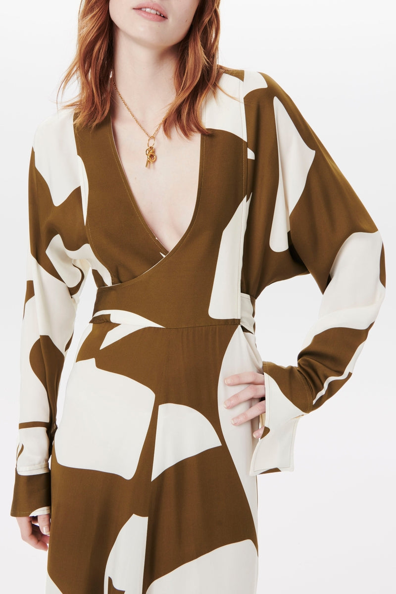 Wrap Midi Dress - Khaki/Cream