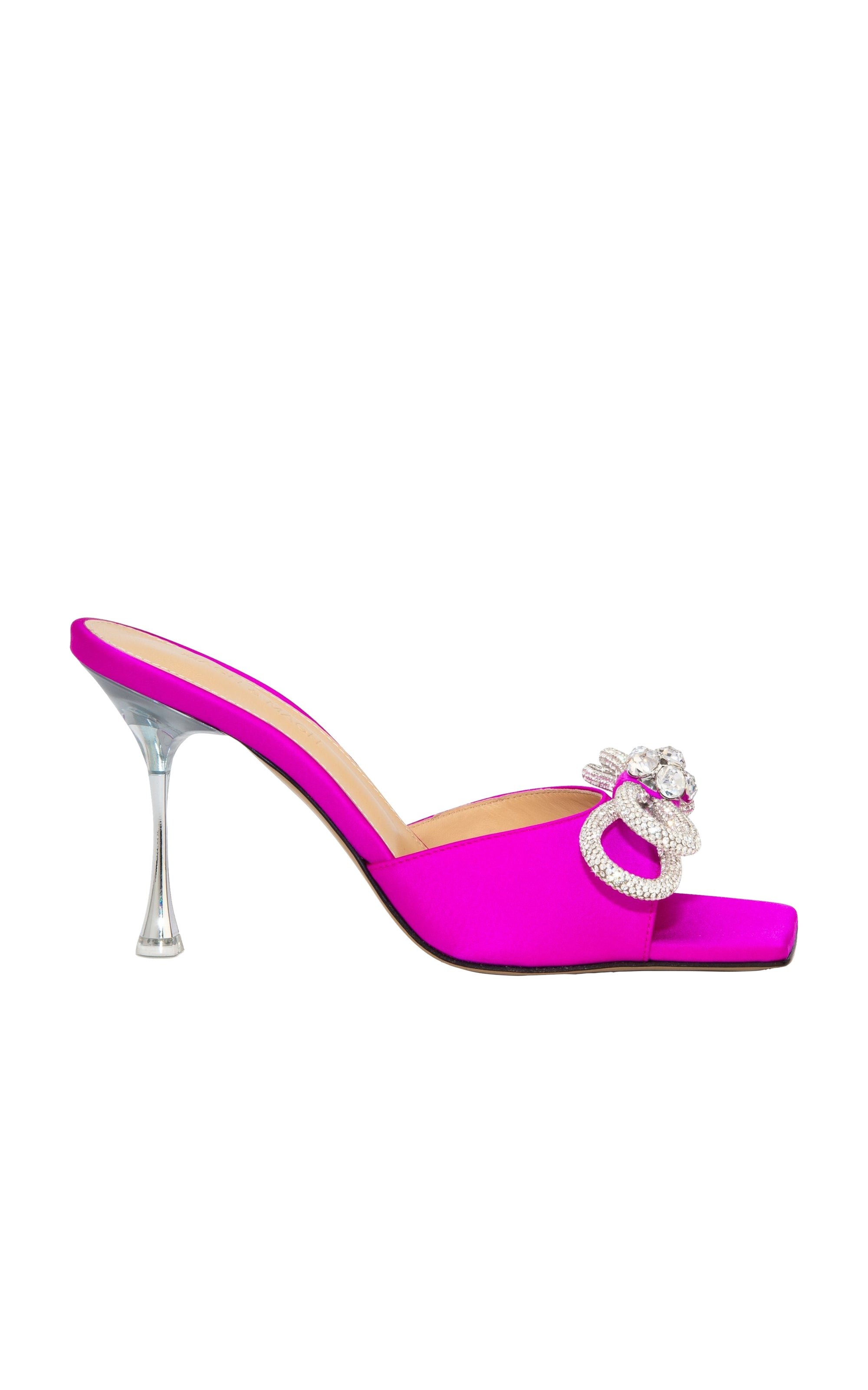 Double Bow 95 heeled mules in silk & strass - Fuchsia