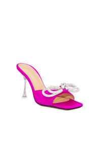 Double Bow 95 heeled mules in silk & strass - Fuchsia