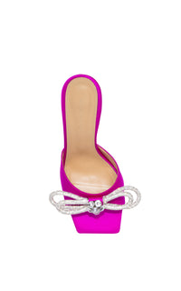 Double Bow 95 heeled mules in silk & strass - Fuchsia