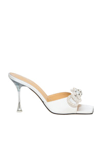 Double Bow 95 silk & rhinestone mules - White