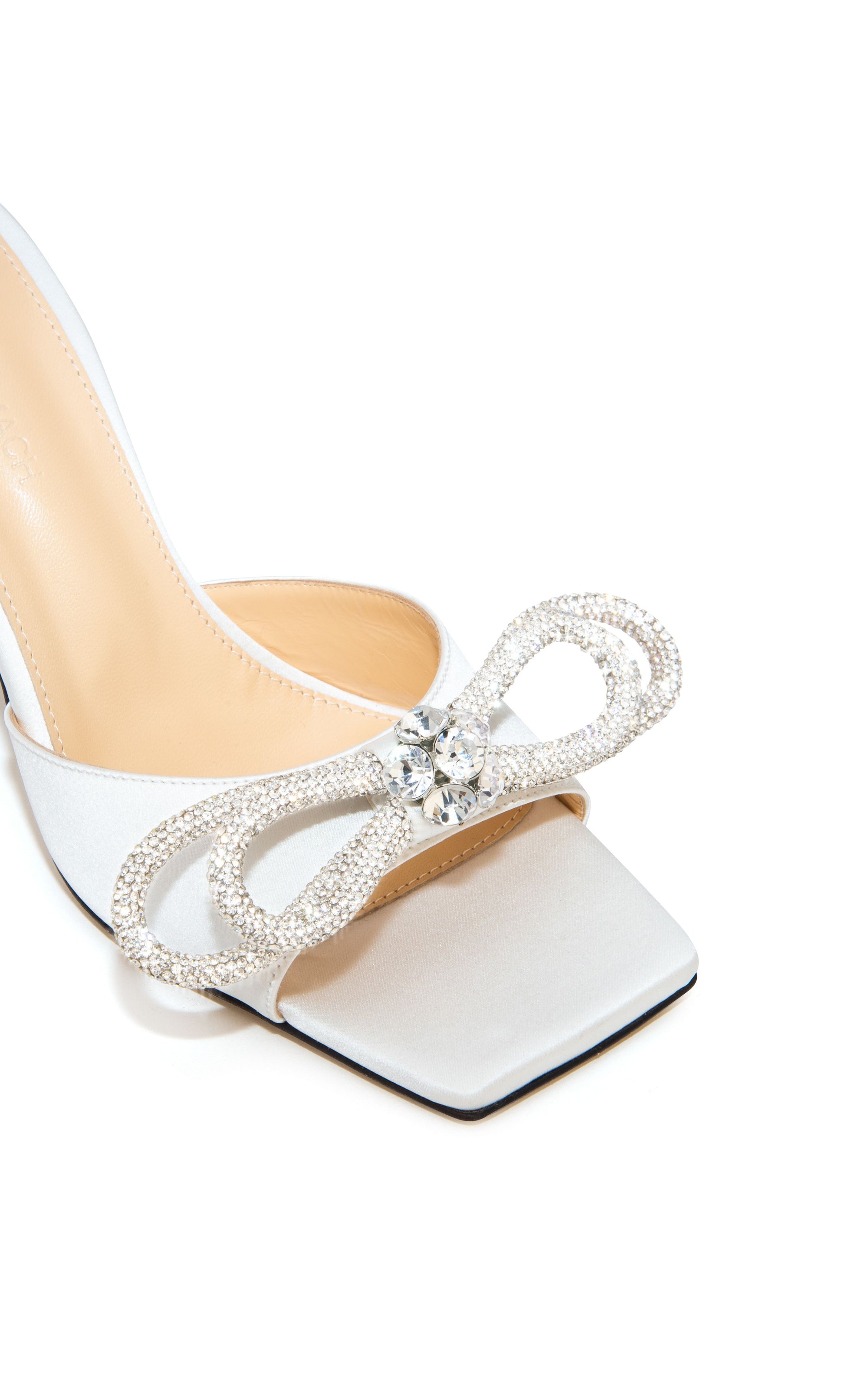 Double Bow 95 silk & rhinestone mules - White