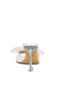 Double Bow 95 silk & rhinestone mules - White