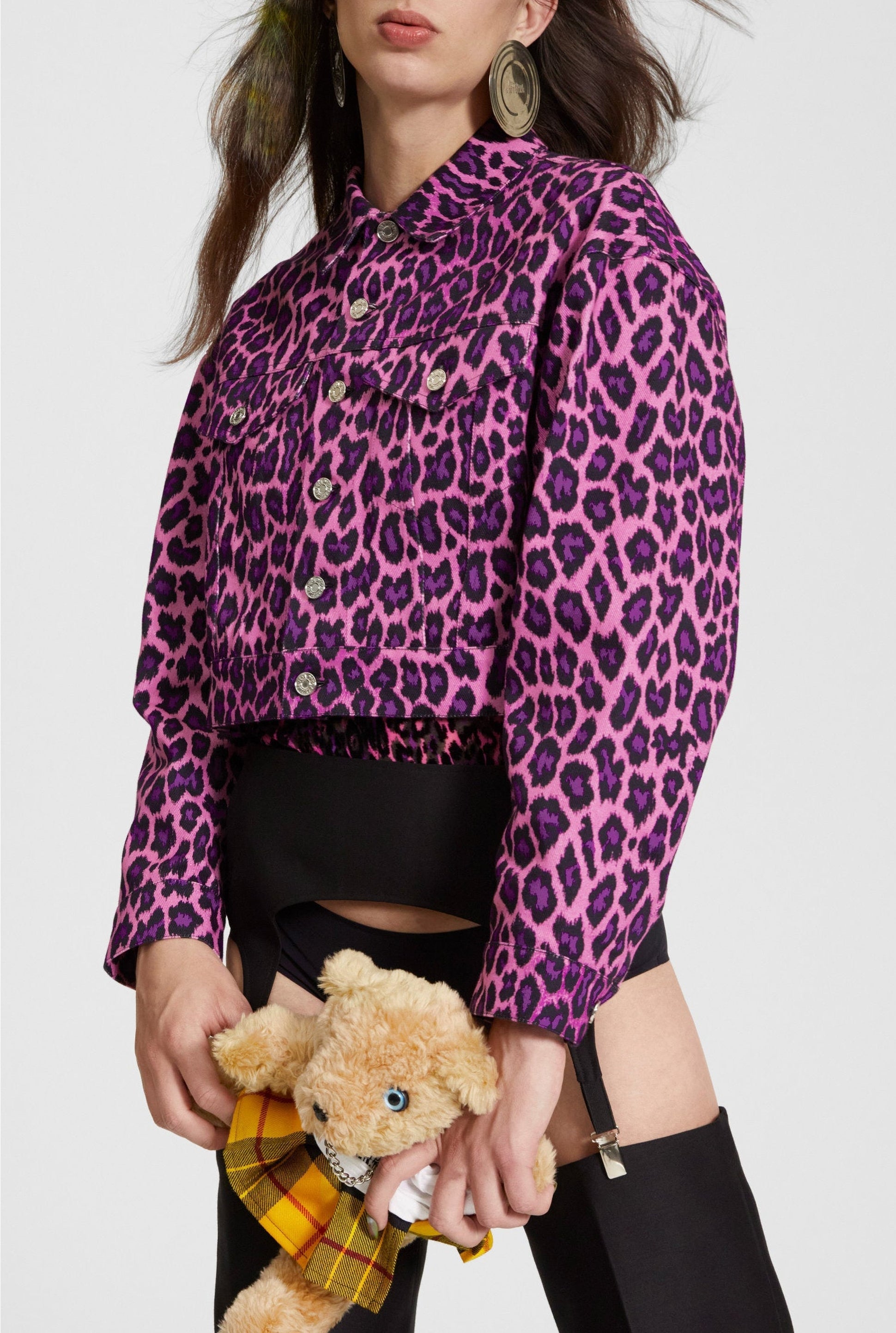Veste Les Punks imprimée léopard en denim - Pink & Purple Black