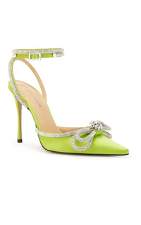 Double Bow 110 strappy pumps in silk & strass - Lime