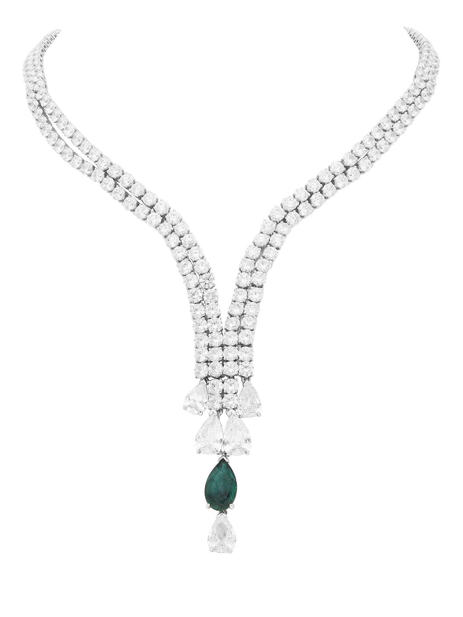 1qty NEW / Argent Rhodié Collier deux rangs serti de Burmalite taille poire vert émeraude et Burmalite blanche en argent rhodié // RECO : 750€