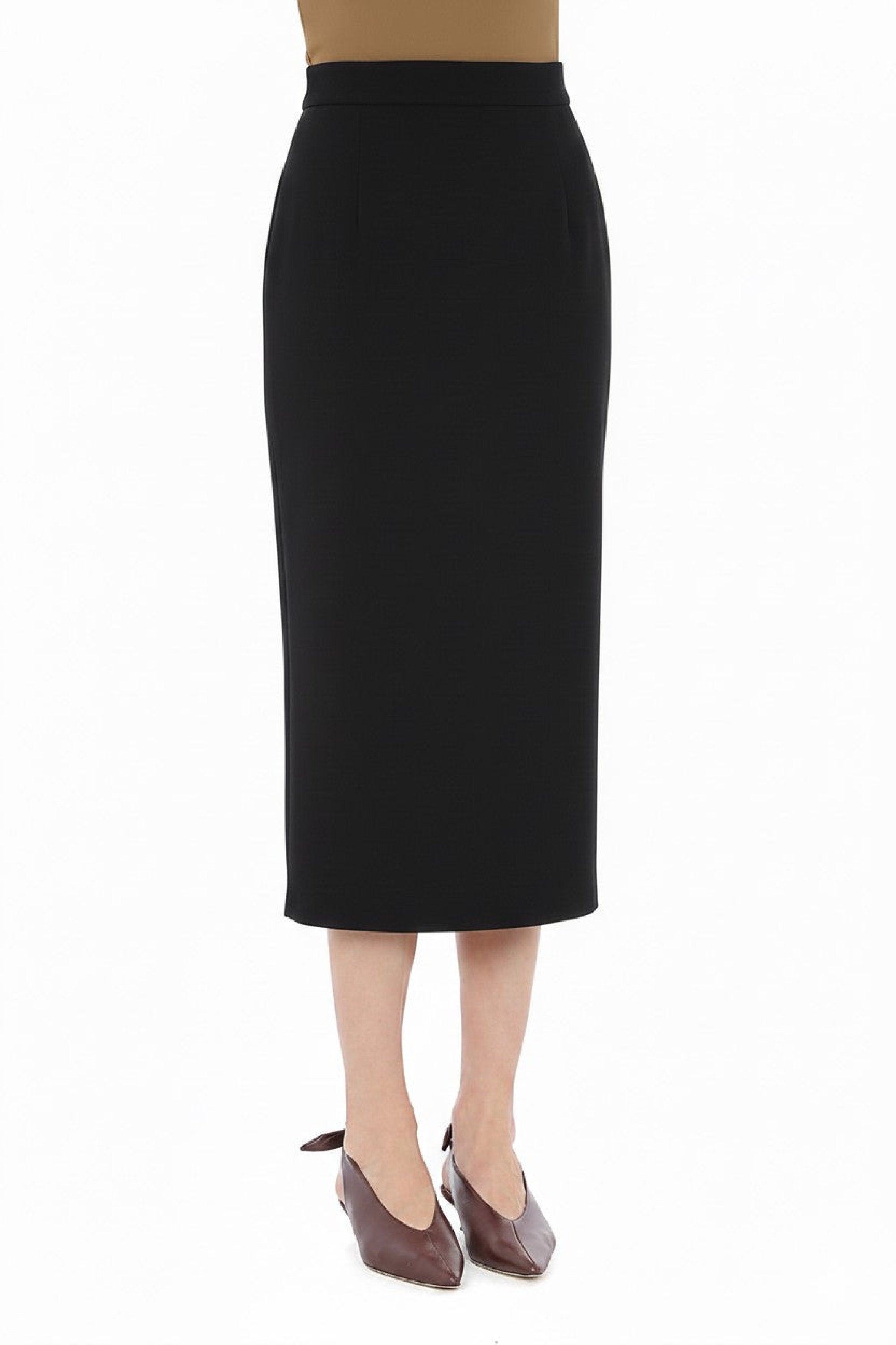 Jupe midi crayon taille haute en laine - Black