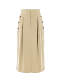 Jupe midi taille haute avec plis et boutons latéraux - Beige
