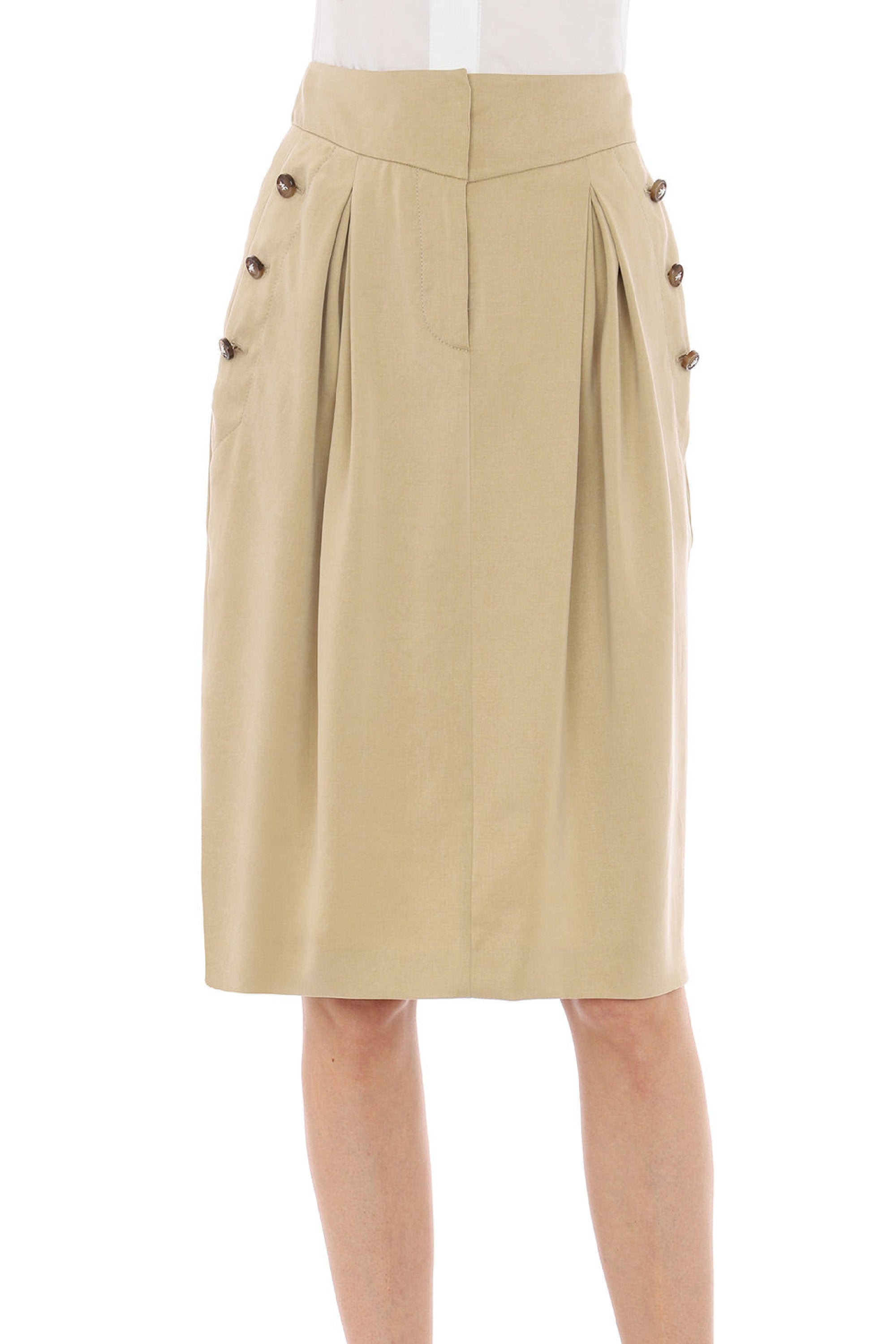 Jupe midi taille haute avec plis et boutons latéraux - Beige