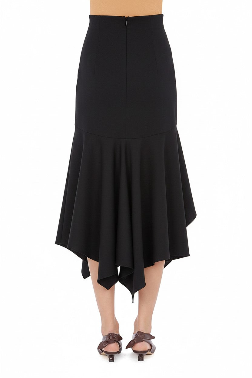 Jupe midi à volant asymétrique en laine - Black