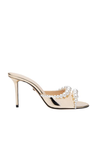 Sirène 85 mules in metallic leather & pearls - Light Gold