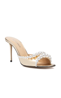 Sirène 85 mules in metallic leather & pearls - Light Gold