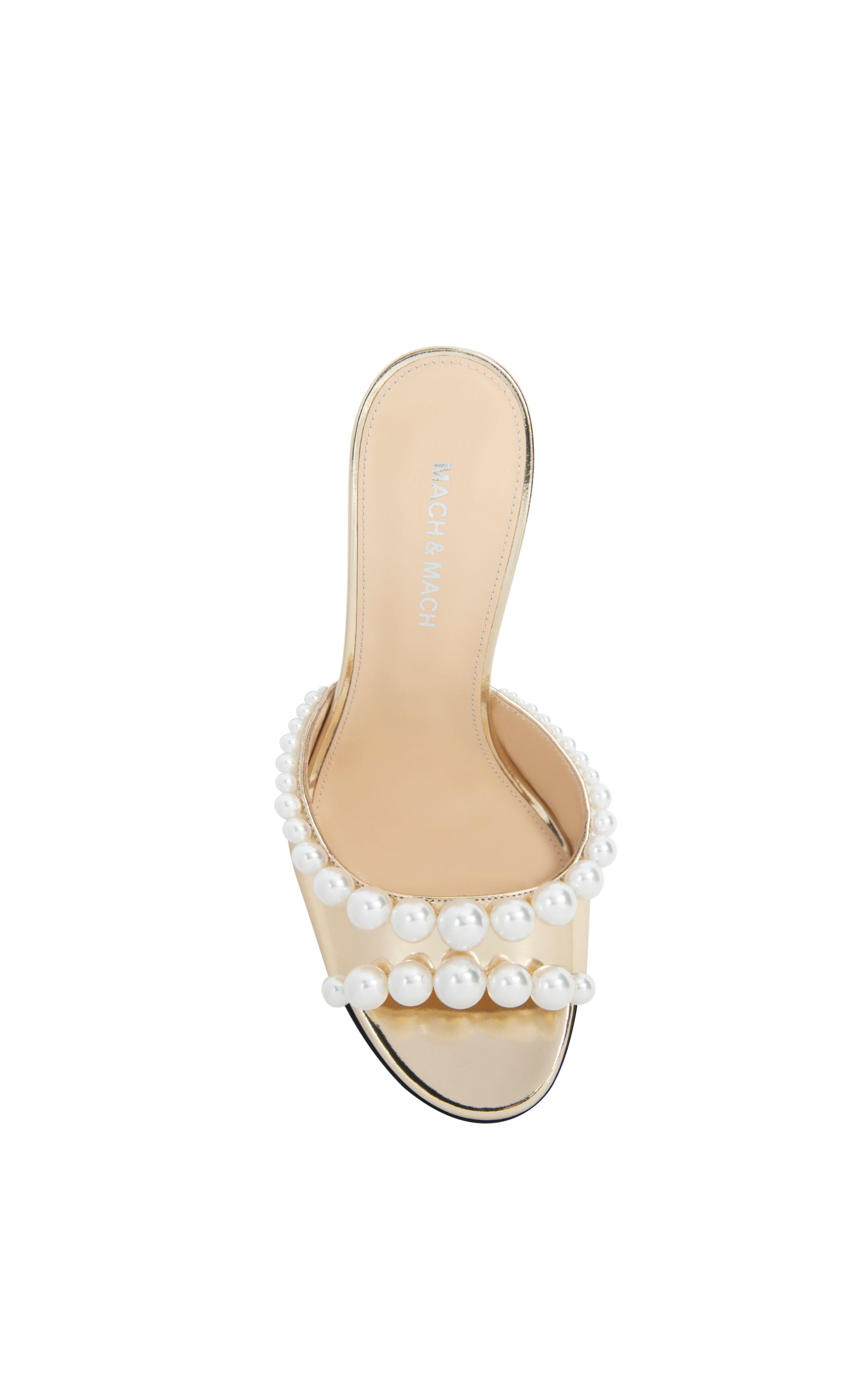 Sirène 85 mules in metallic leather & pearls - Light Gold