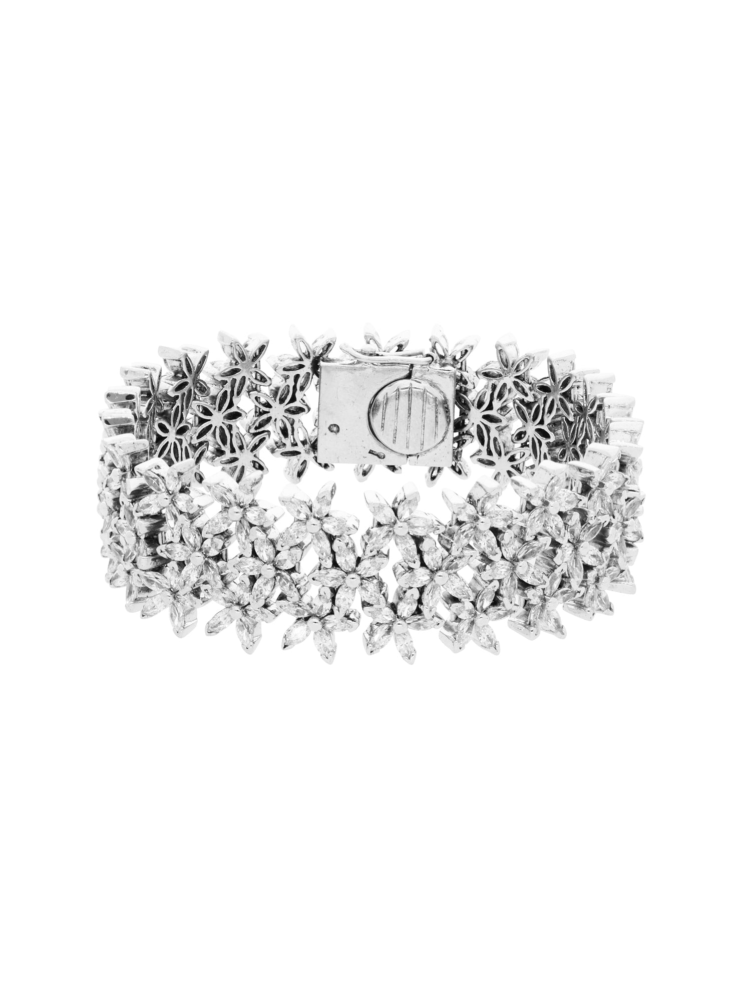 1qty NEW / Argent Rhodié Bracelet fleur sur argent rhodié serti de burmalite™ blanche taille marquise // RECO : 592€