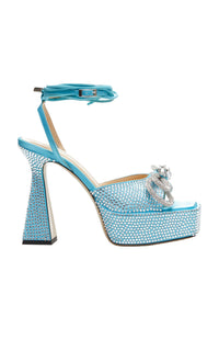 Double Bow 140 platform sandals in silk & rhinestone - Ocean Blue