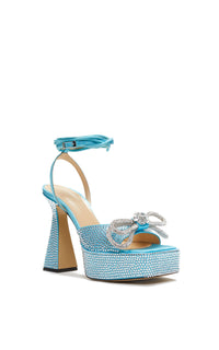 Double Bow 140 platform sandals in silk & rhinestone - Ocean Blue