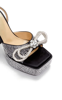 Double Bow 140 platform sandals in silk & rhinestone - Black