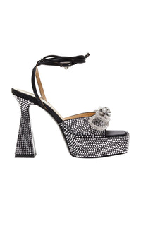 Double Bow 140 platform sandals in silk & rhinestone - Black