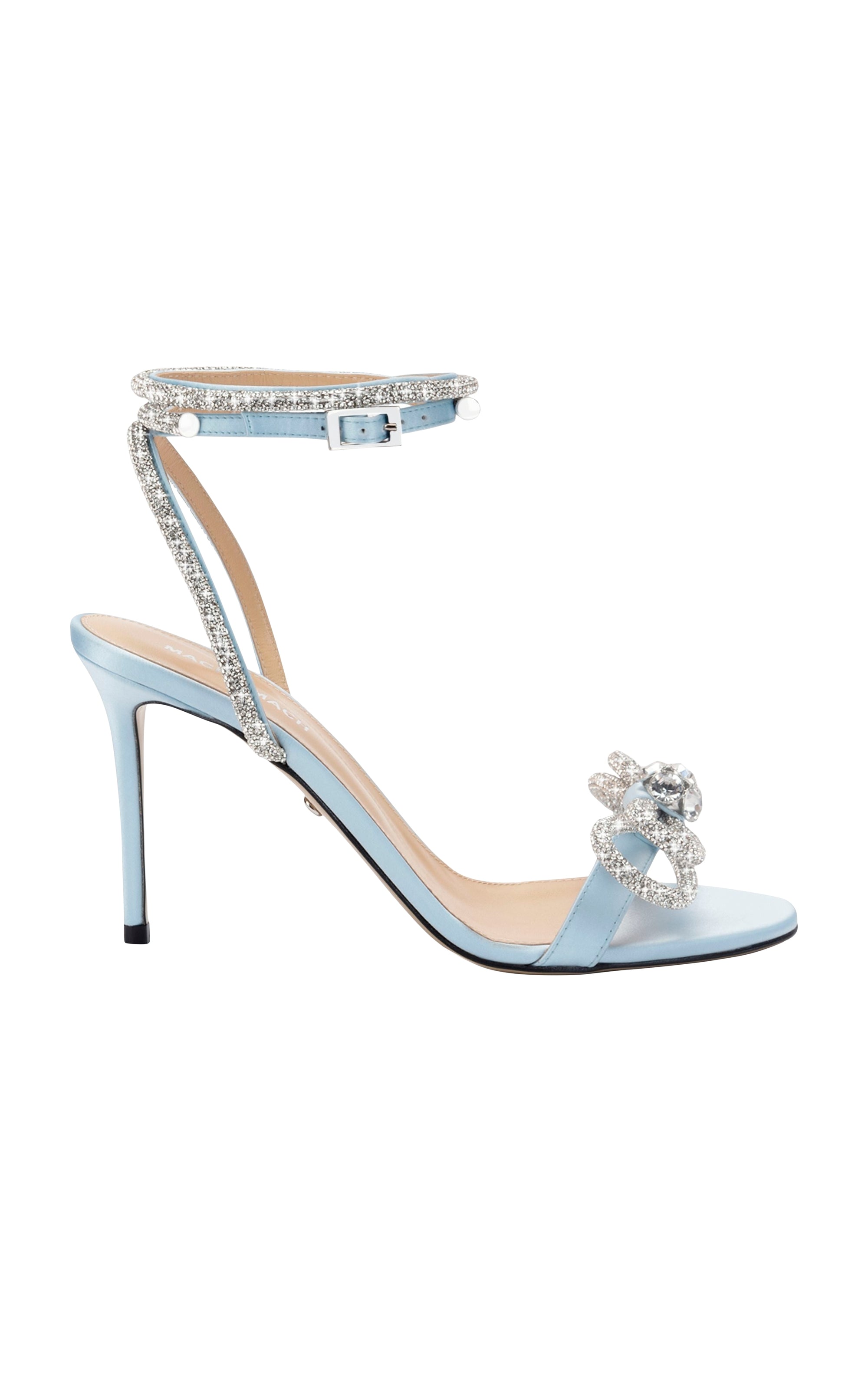 Double Bow 95 heeled sandals in silk & rhinestone - Blue