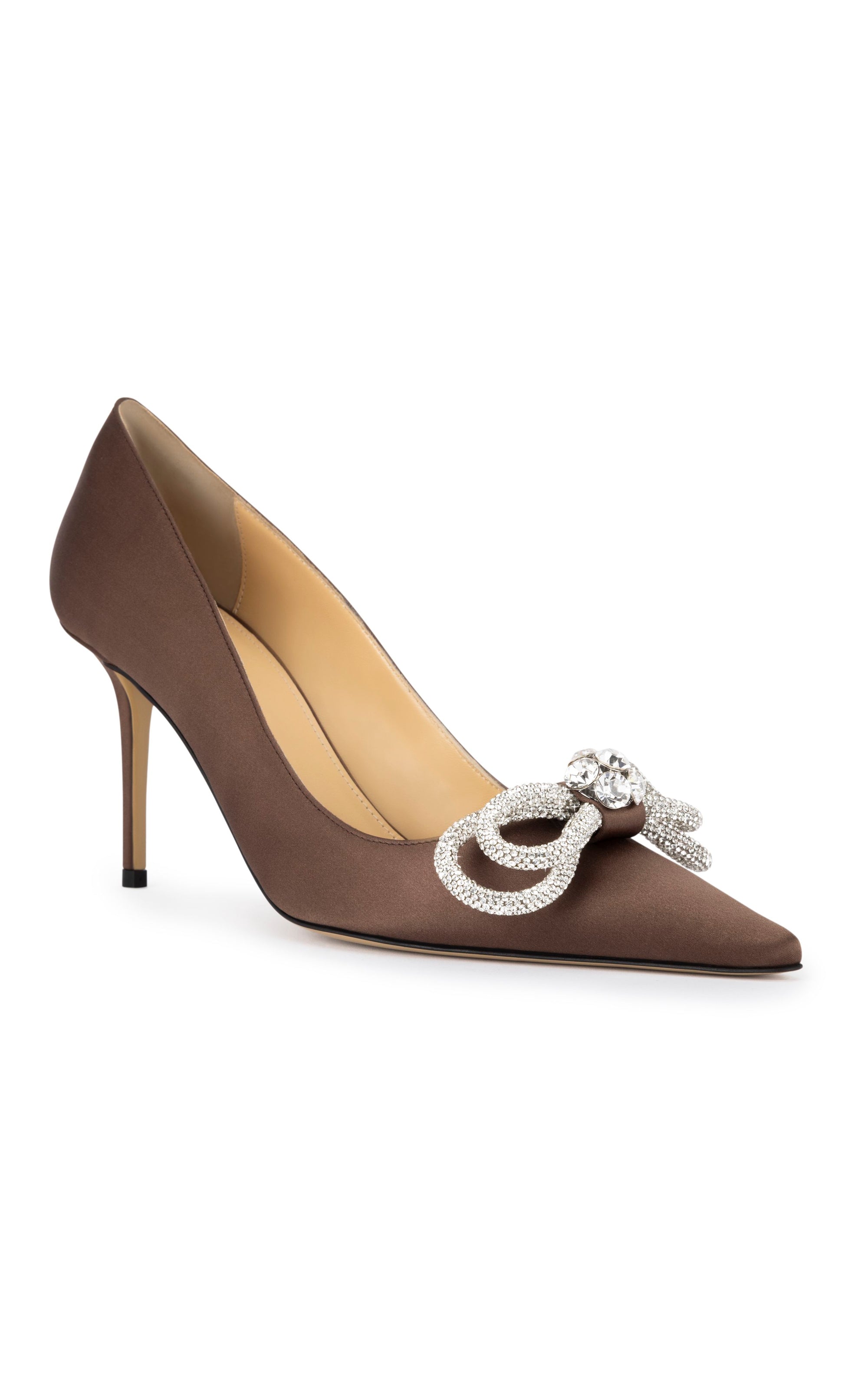 Double Bow 85 satin and rhinestone pumps - Brown