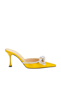 Double Bow 85 mules in metallic leather & rhinestones - Iridescent Yellow