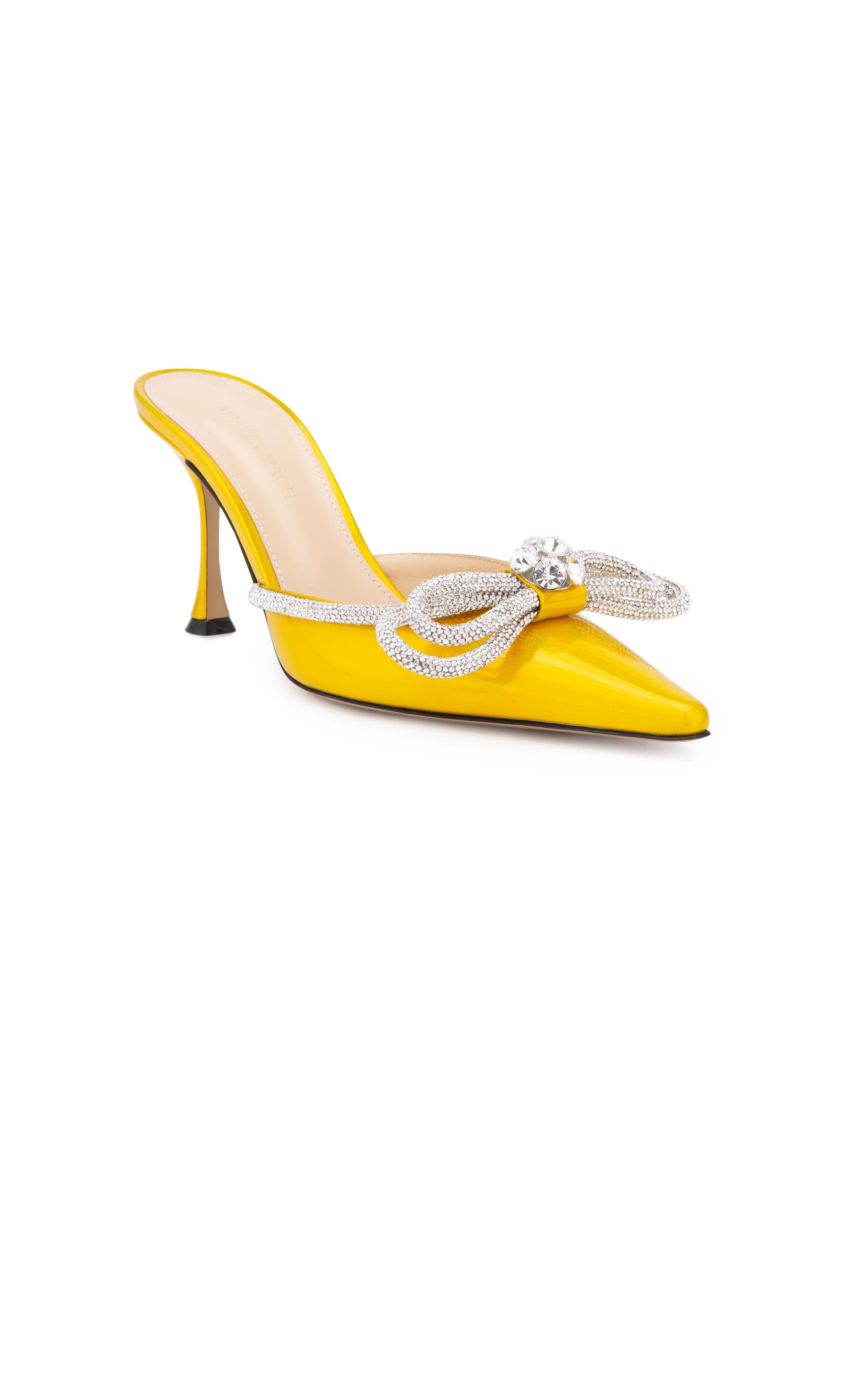 Double Bow 85 mules in metallic leather & rhinestones - Iridescent Yellow
