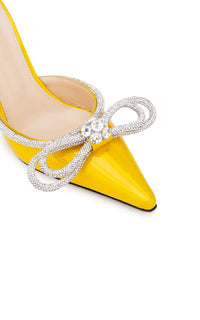 Double Bow 85 mules in metallic leather & rhinestones - Iridescent Yellow