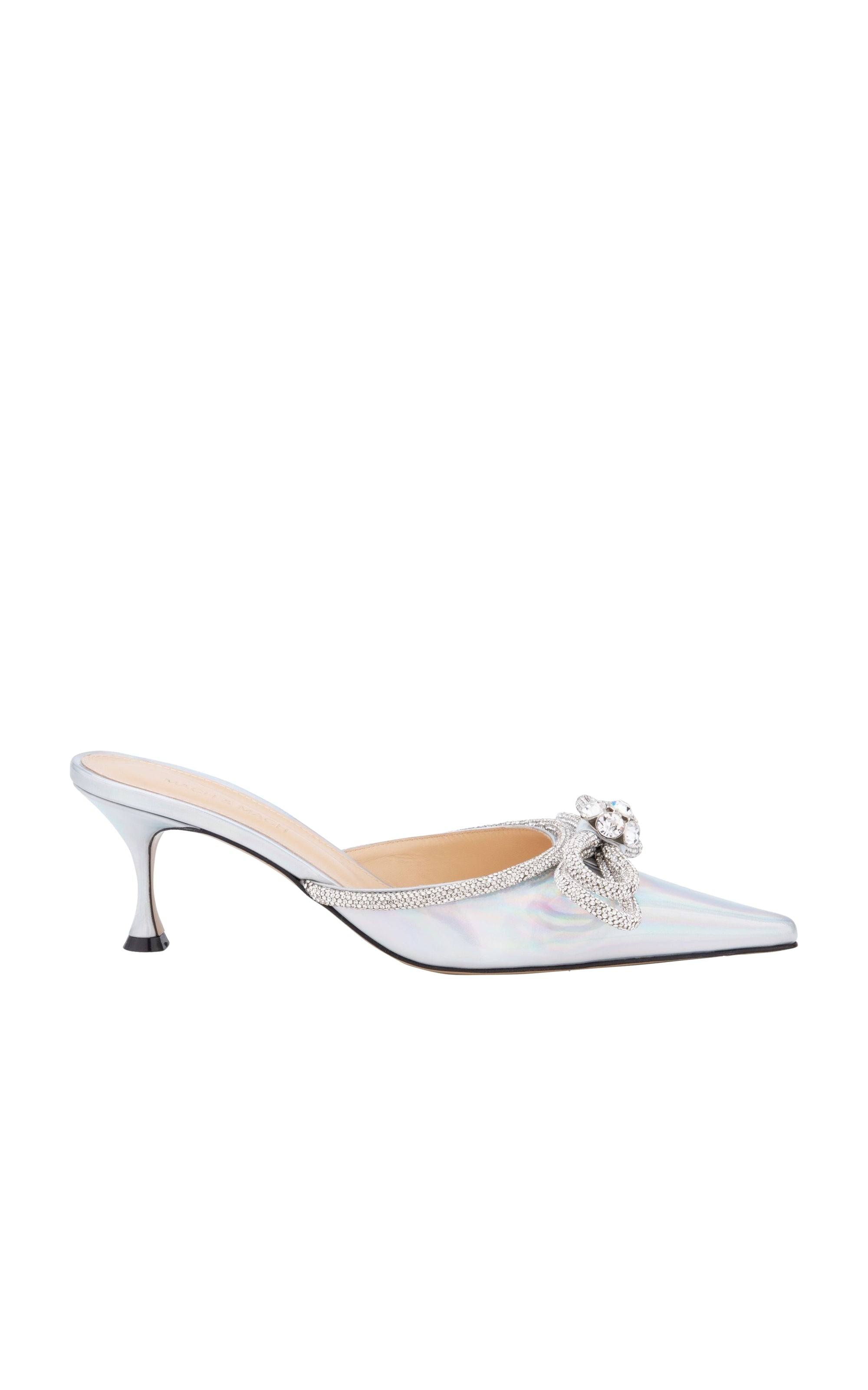 Double Bow 65 mules in metallic leather & rhinestones - Iridescent Silver