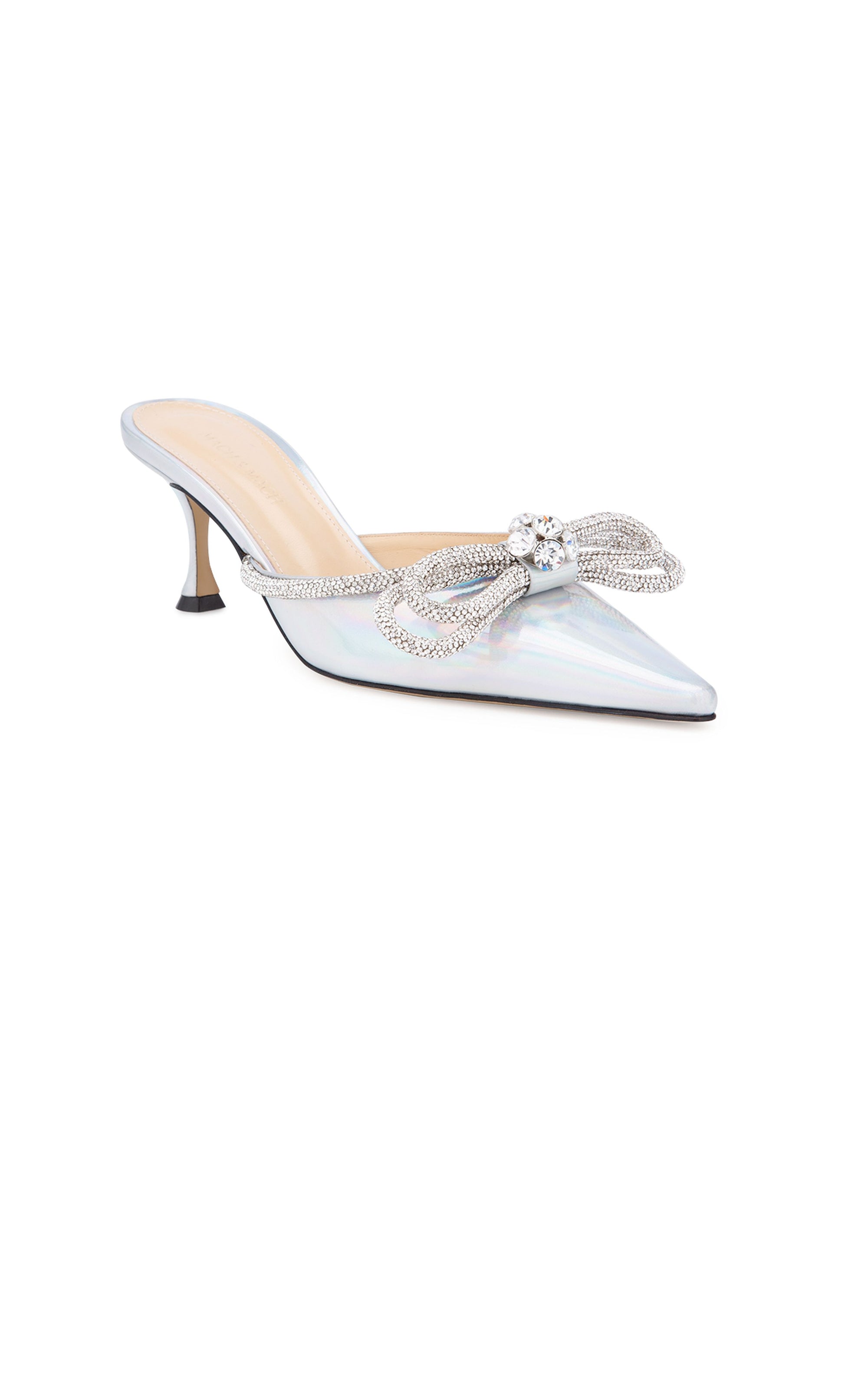 Double Bow 65 mules in metallic leather & rhinestones - Iridescent Silver