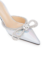 Double Bow 65 mules in metallic leather & rhinestones - Iridescent Silver