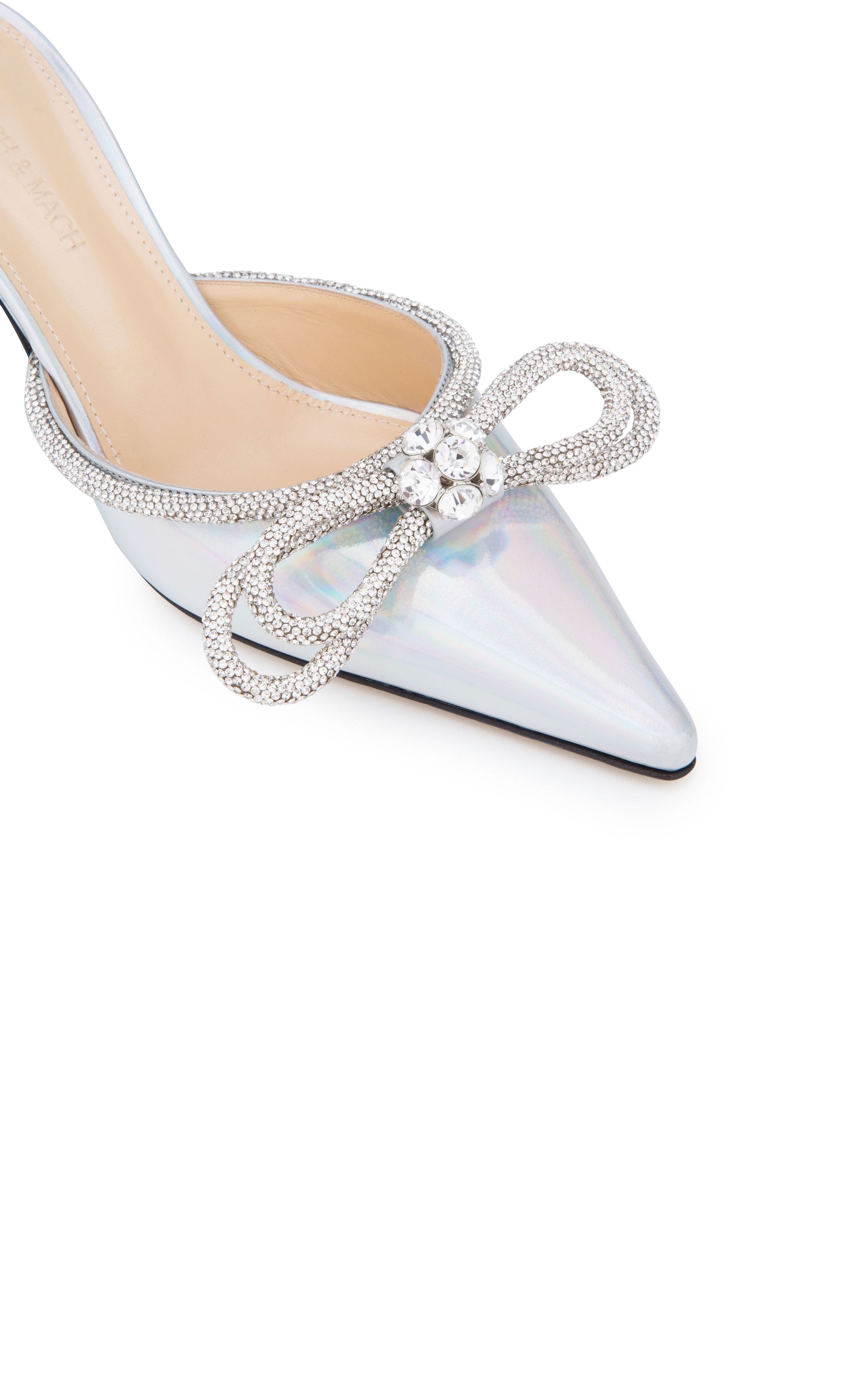 Double Bow 65 mules in metallic leather & rhinestones - Iridescent Silver