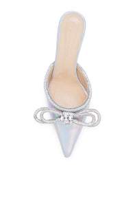 Double Bow 65 mules in metallic leather & rhinestones - Iridescent Silver