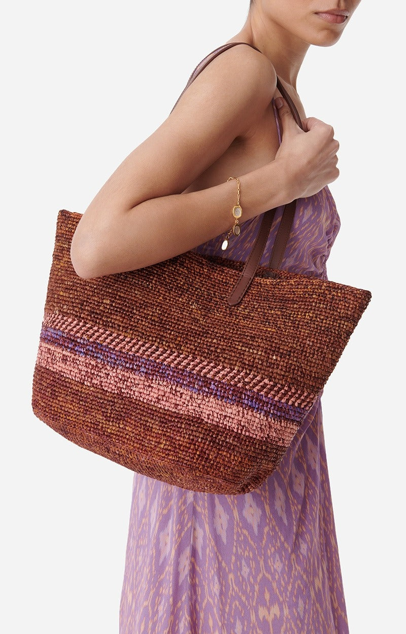 Panier porté épaule en raphia - Multicolore & Biscuit