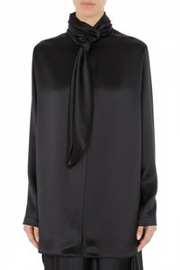 Chemise en satin brillant avec nœud de cravate - Black