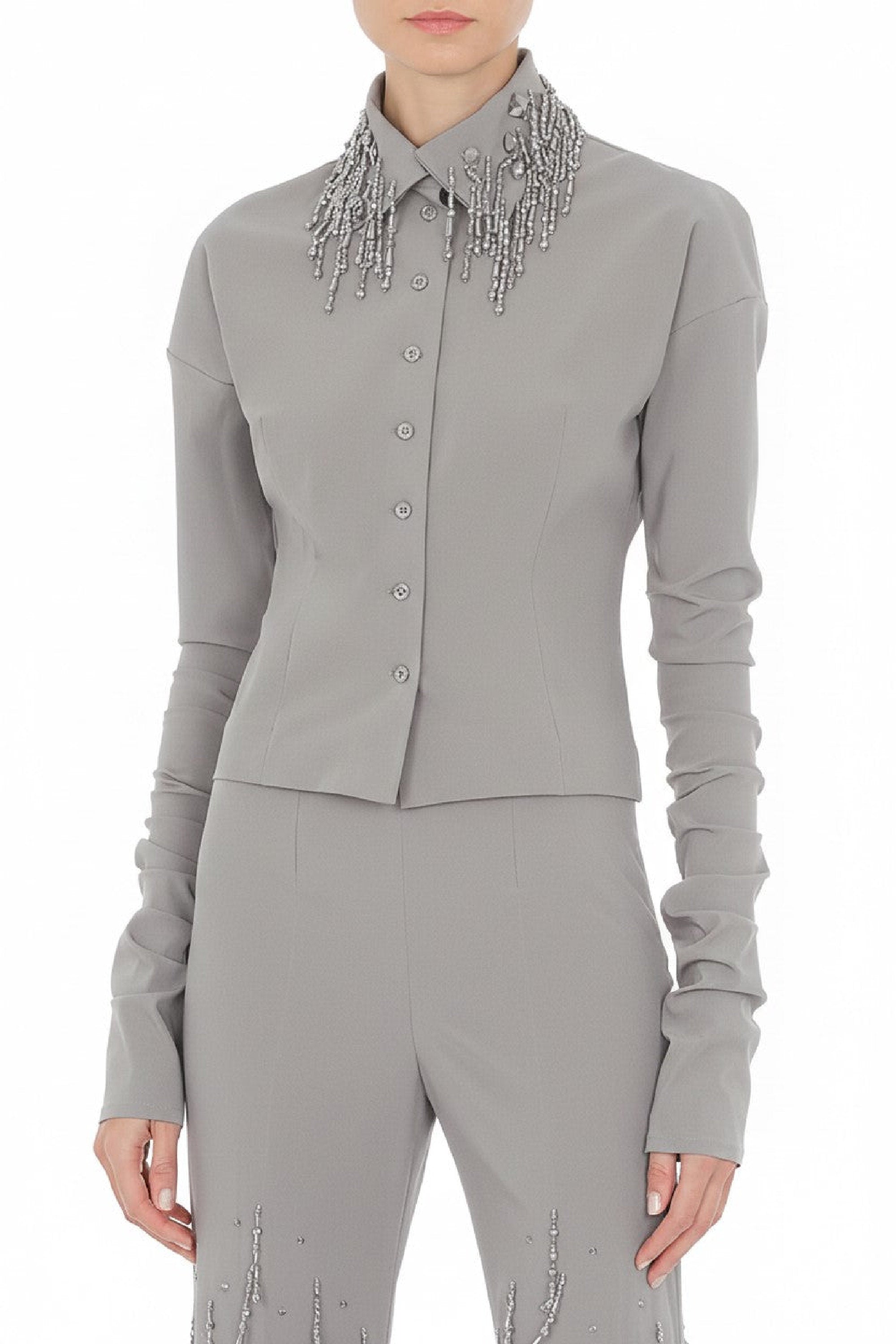 Chemise en laine extensible avec franges en perles - Grey