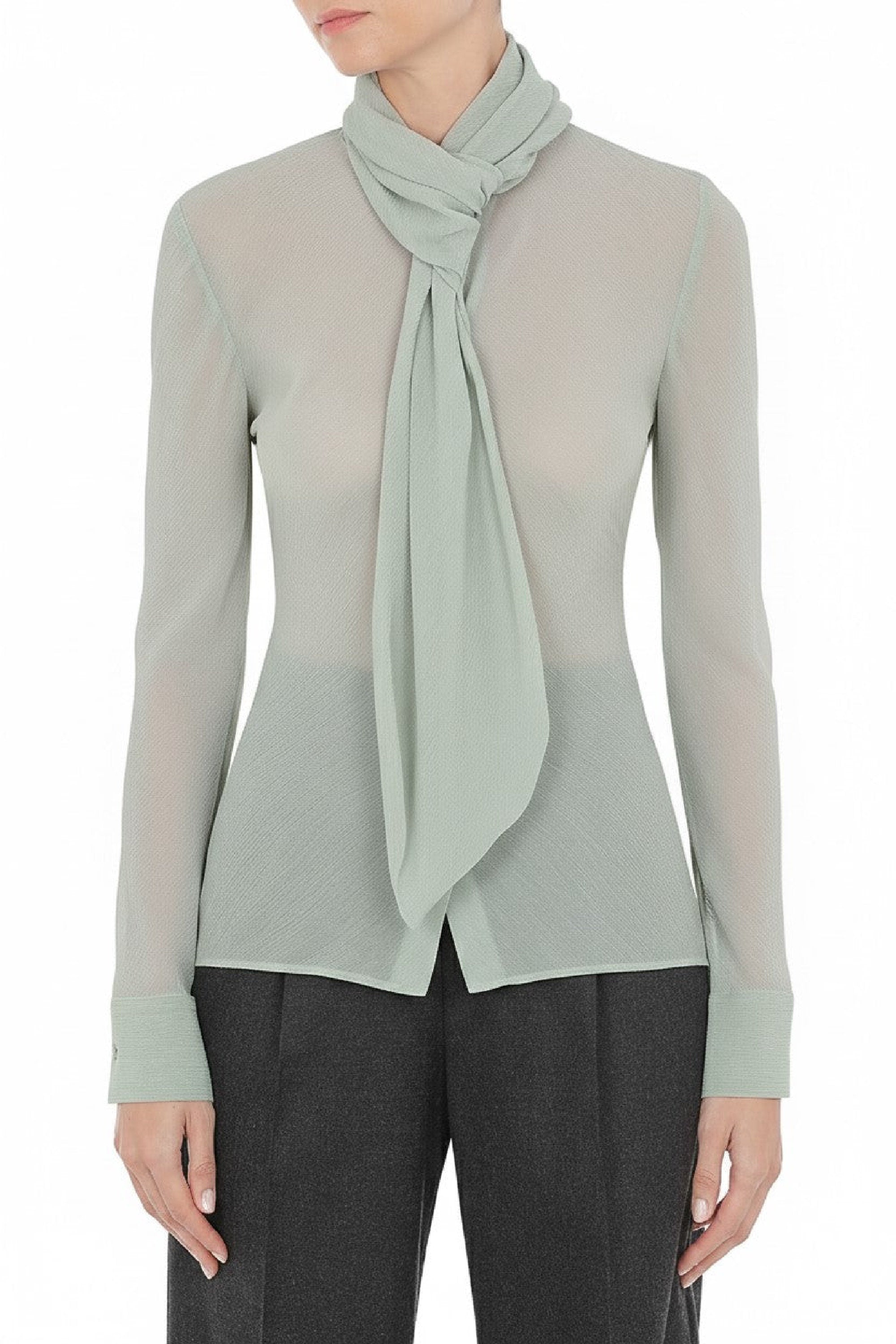 Long-sleeved sheer blouse with lavaliere - Ice Grey